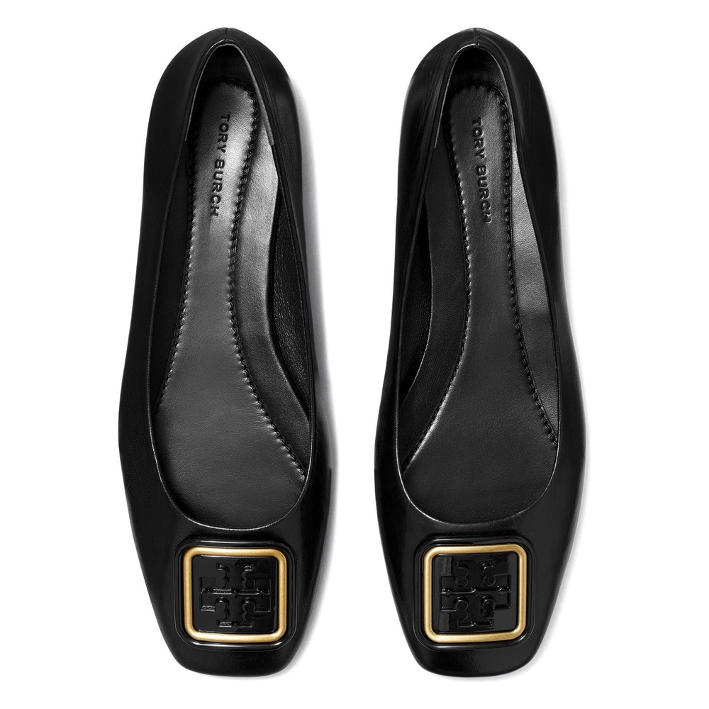 Tory Burch Georgia Flats Womens Size 6 Black Leather Gold Logo Square Toe Shoes